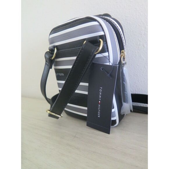 Tommy Hilfiger 69J4451 003 Black/Gray/White Striped PU Leather Crossbody Bag - Picture 4 of 7